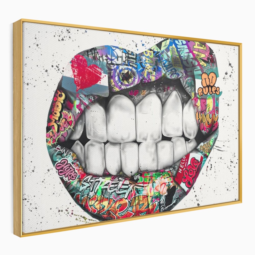 Tablou canvas cu tablou canvas cu buze graffiti, in rama de aluminiu auriu
